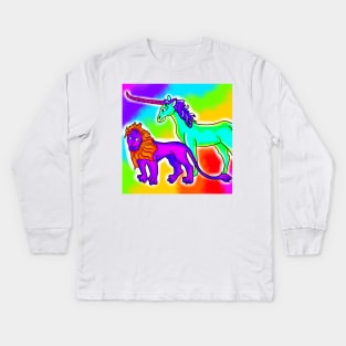 Medieval Derpy Lion and Unicorn Bad Medieval Art Trippy Rainbow Frank 90s Style Kids Long Sleeve T-Shirt